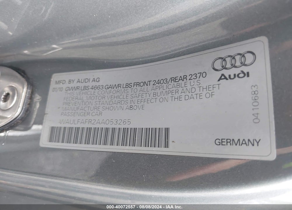 2010 AUDI A5 2.0T PREMIUM VIN: WAULFAFR2AA053265