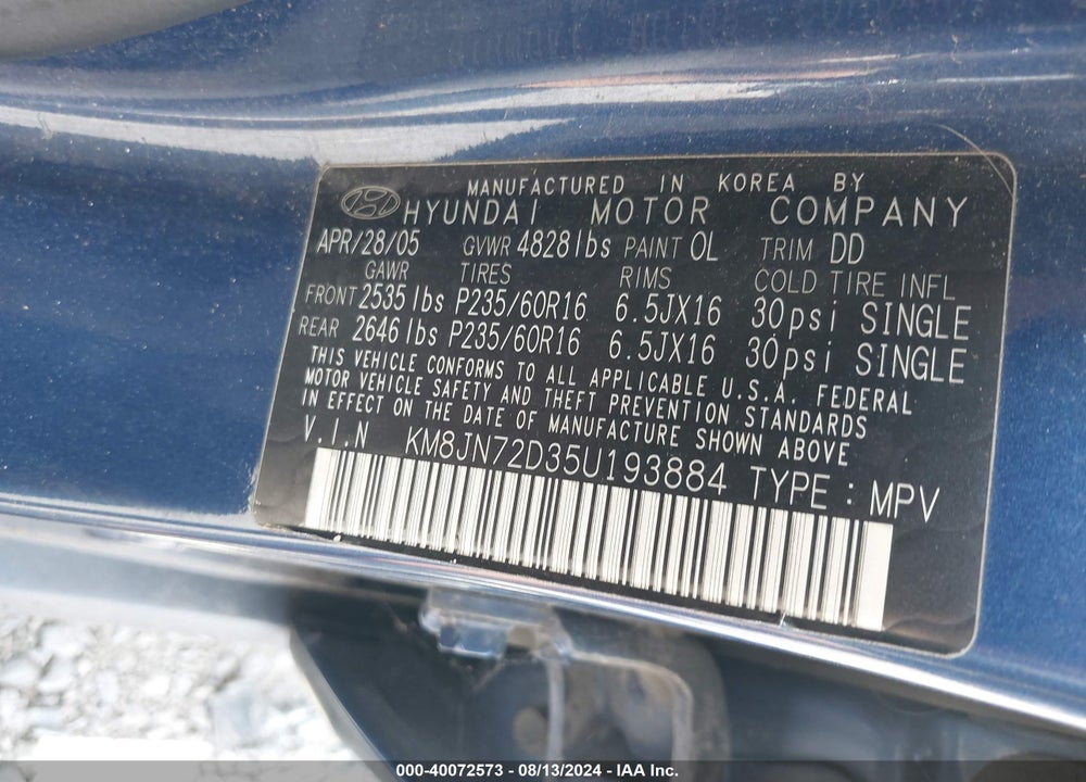 2005 HYUNDAI TUCSON GLS/LX VIN: KM8JN72D35U193884