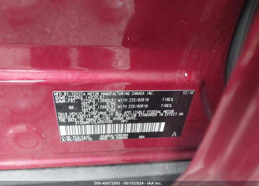 2020 TOYOTA RAV4 HYBRID LIMITED VIN: 2T3DWRFV2LW064595