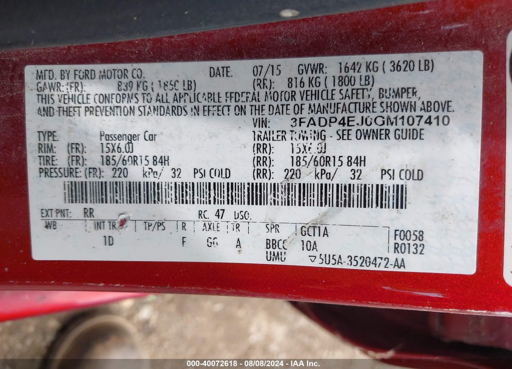 2016 FORD FIESTA SE VIN: 3FADP4EJ0GM107410