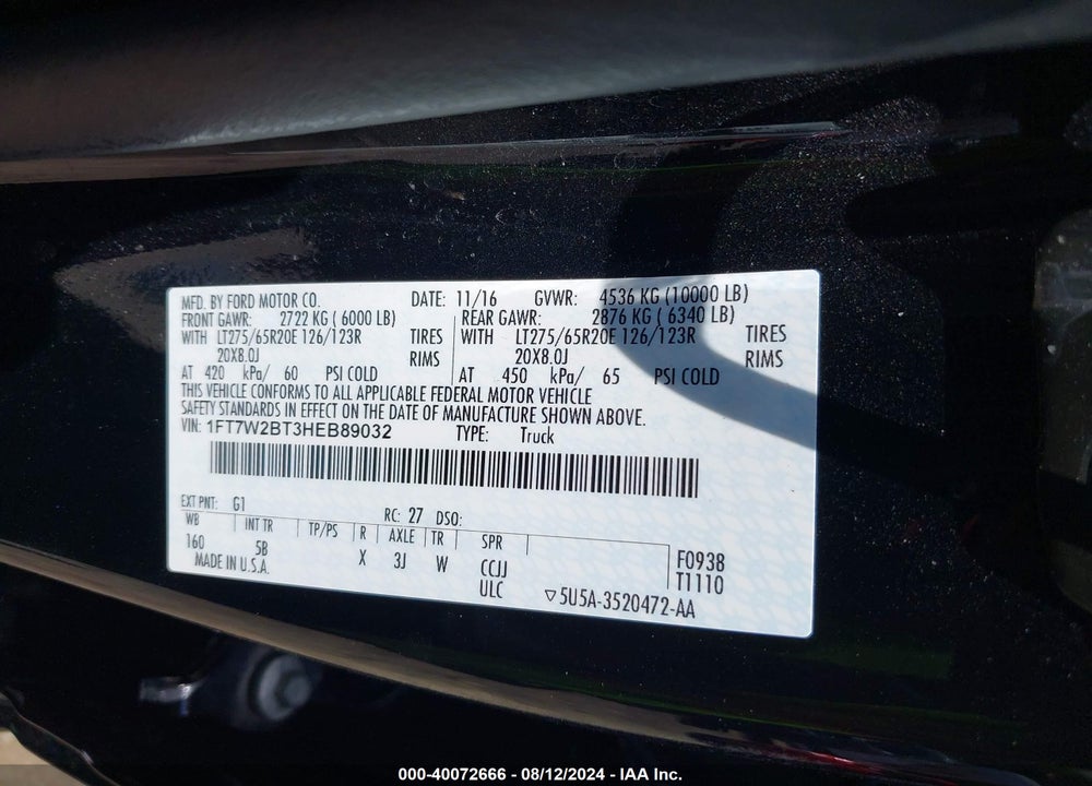 2017 FORD F-250 LARIAT VIN: 1FT7W2BT3HEB89032