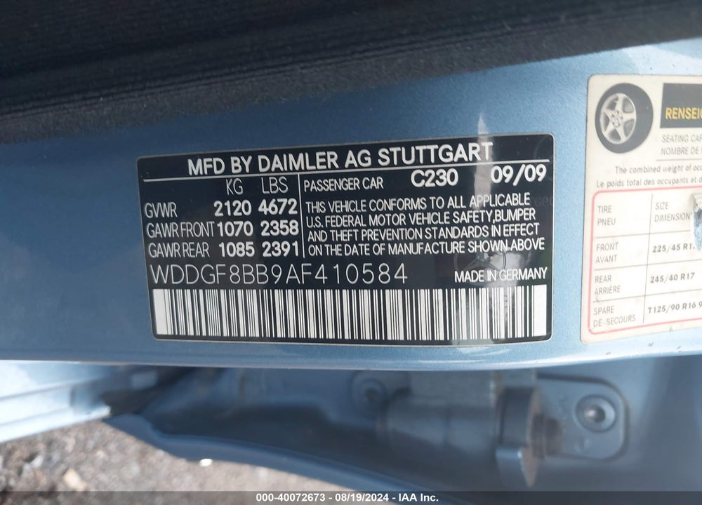 2010 MERCEDES-BENZ C 300 VIN: WDDGF8BB9AF410584
