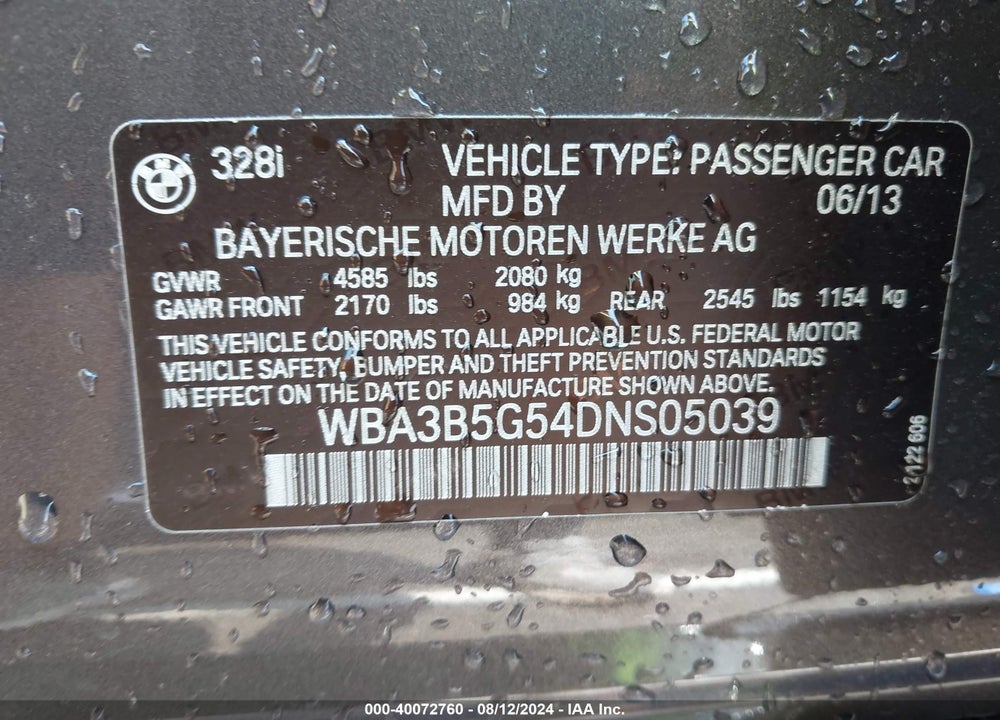 2013 BMW 328I XDRIVE VIN: WBA3B5G54DNS05039