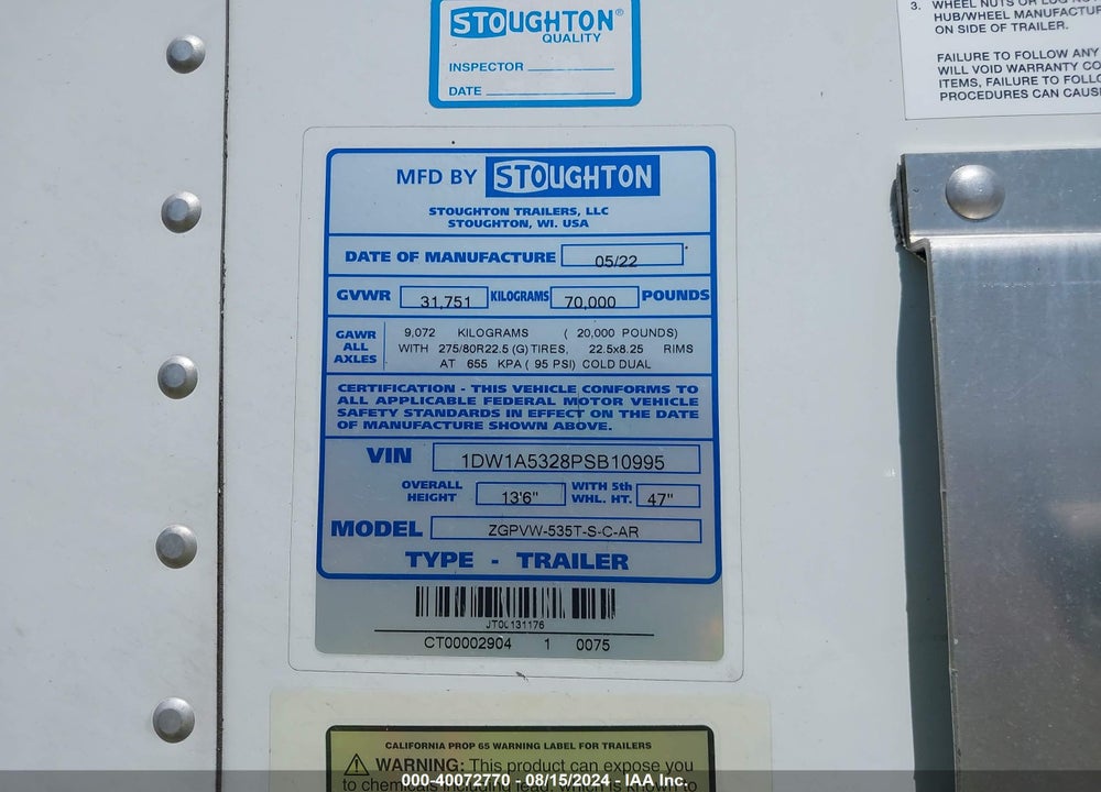 2023 STOUGHTON TRAILERS INC TRAILER VIN: 1DW1A5328PSB10995