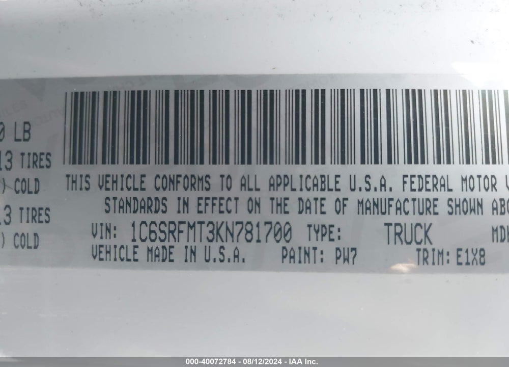 2019 RAM 1500 BIG HORN/LONE STAR 4X4 6'4 BOX VIN: 1C6SRFMT3KN781700