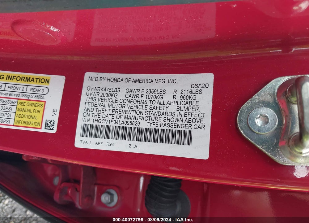 2020 HONDA ACCORD SPORT VIN: 1HGCV1F34LA095829