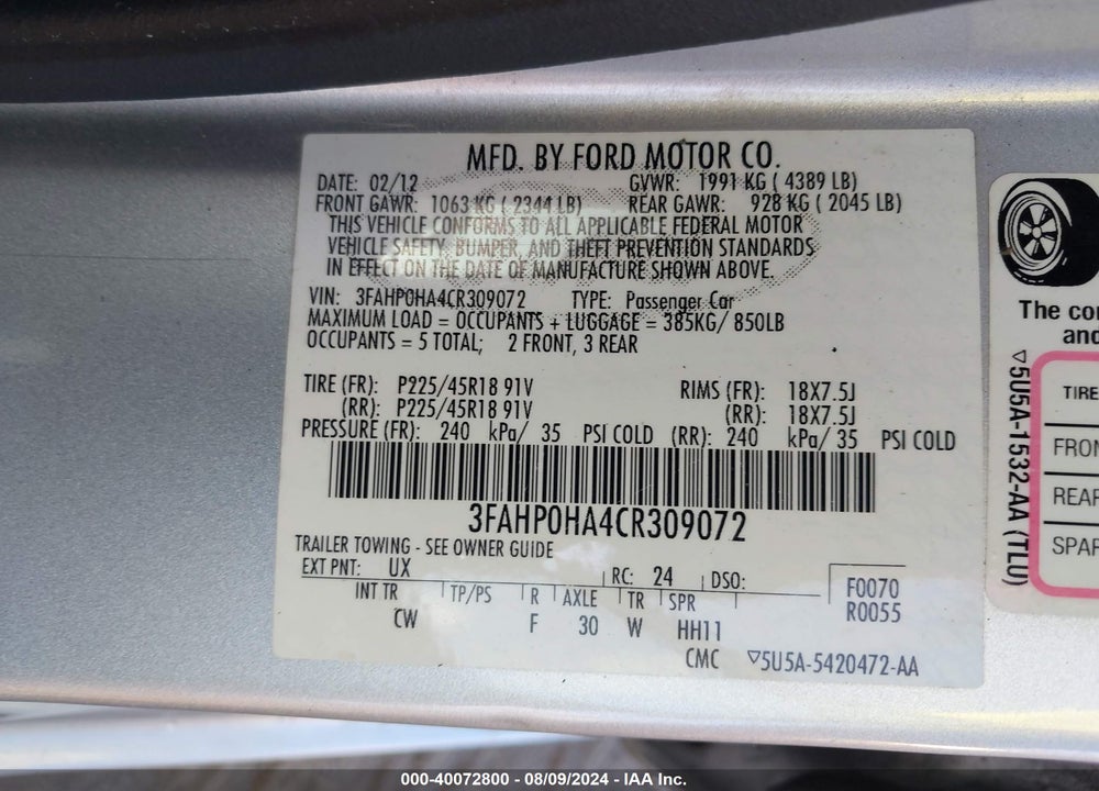 2012 FORD FUSION SE VIN: 3FAHP0HA4CR309072