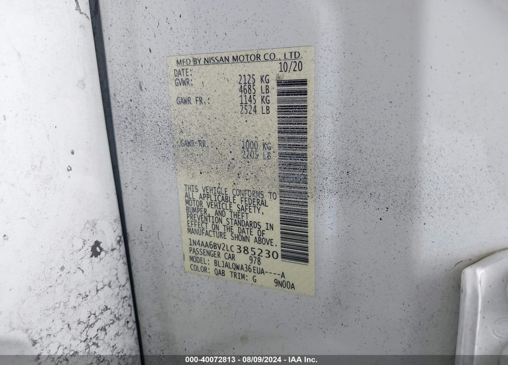 2020 NISSAN MAXIMA S XTRONIC CVT VIN: 1N4AA6BV2LC385230