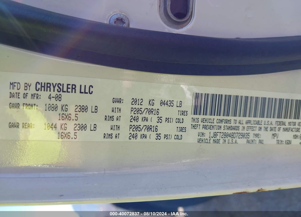 2008 JEEP PATRIOT SPORT VIN: 1J8FT28048D729035
