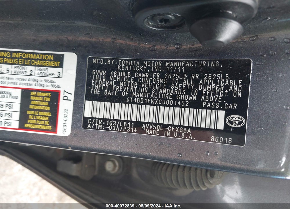 2012 TOYOTA CAMRY HYBRID XLE VIN: 4T1BD1FKXCU001452