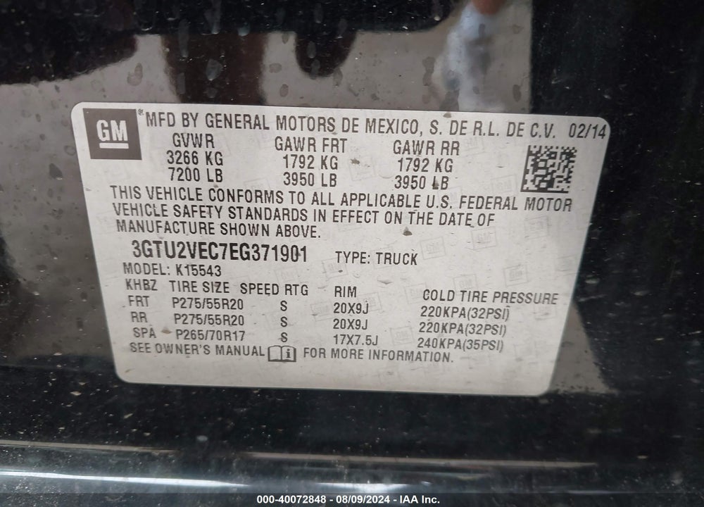 2014 GMC SIERRA 1500 SLT VIN: 3GTU2VEC7EG371901