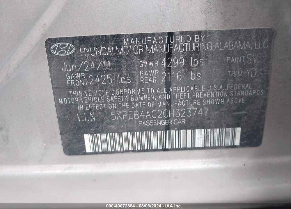 2012 HYUNDAI SONATA GLS VIN: 5NPEB4AC2CH323747