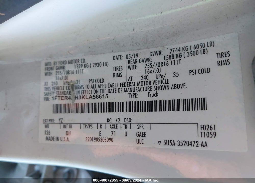 2019 FORD RANGER XL VIN: 1FTER4EH3KLA56615