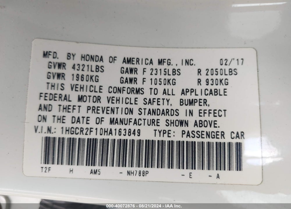 2017 HONDA ACCORD SPORT SE VIN: 1HGCR2F10HA163849
