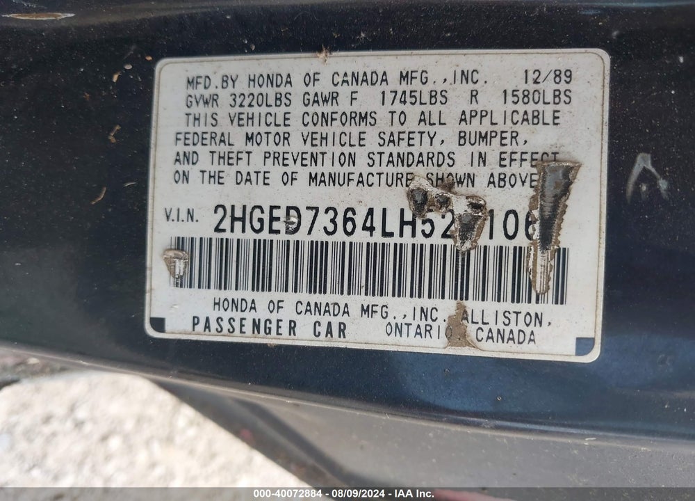 1990 HONDA CIVIC SI VIN: 2HGED7364LH523106