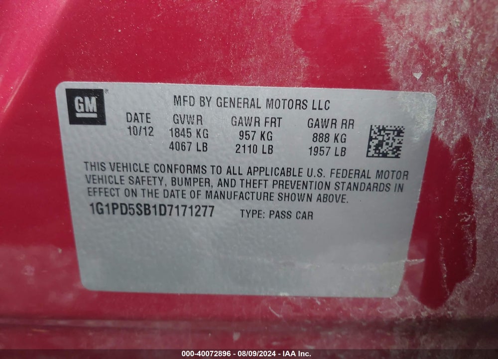 2013 CHEVROLET CRUZE 1LT MANUAL VIN: 1G1PD5SB1D7171277