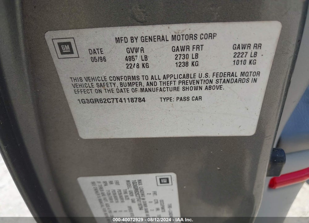 1996 OLDSMOBILE AURORA VIN: 1G3GR62C7T4118784