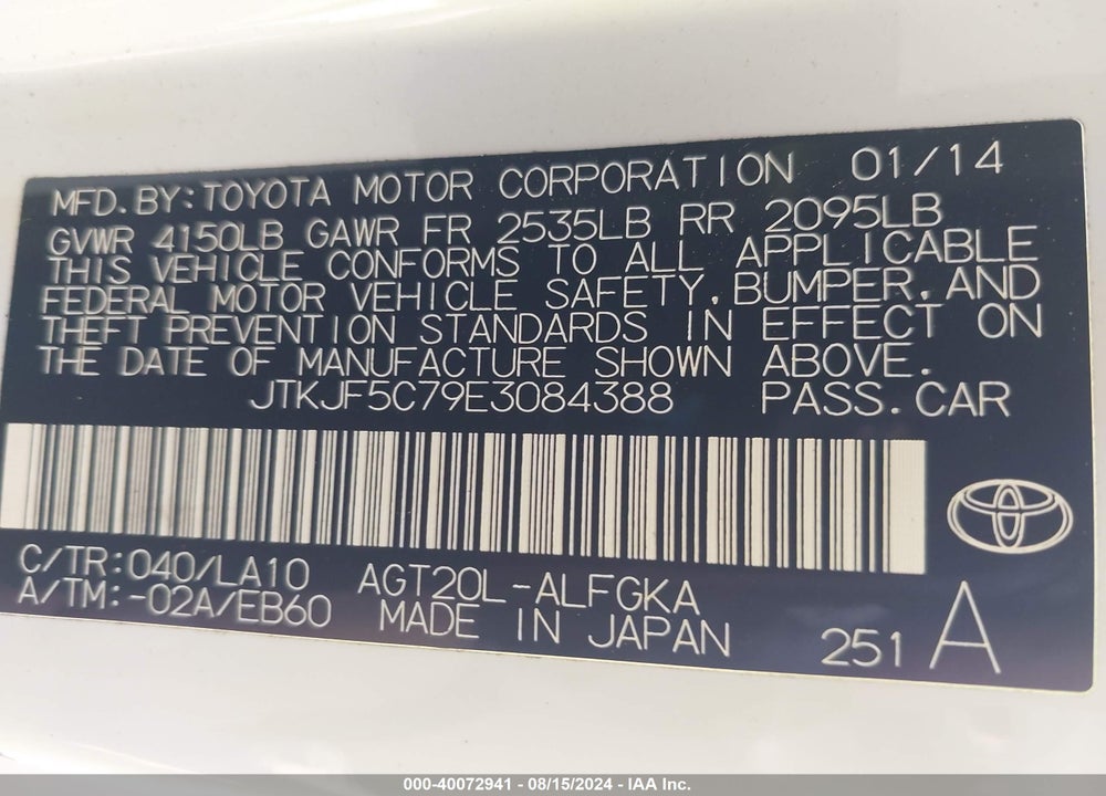 2014 SCION TC MONOGRAM VIN: JTKJF5C79E3084388