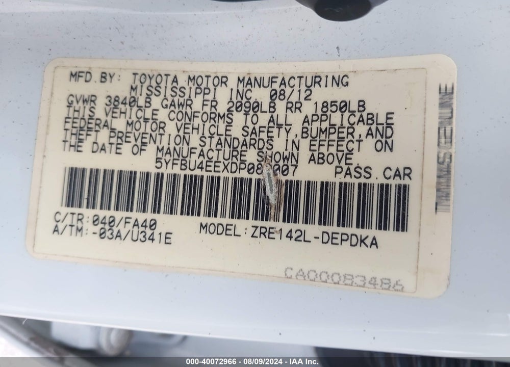 2013 TOYOTA COROLLA L VIN: 5YFBU4EEXDP080007