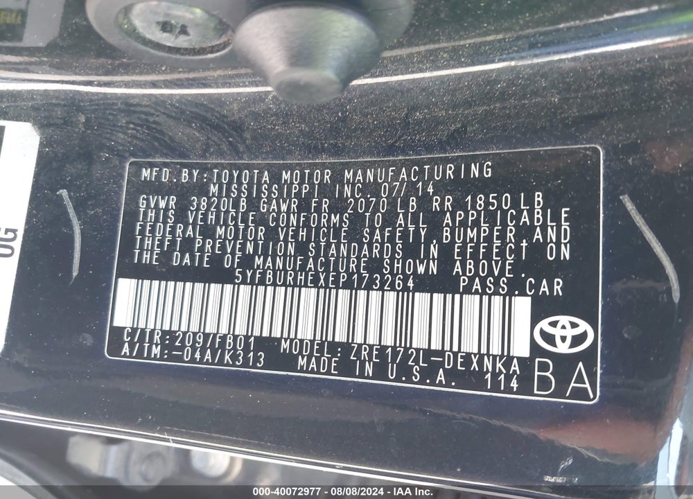 2014 TOYOTA COROLLA LE VIN: 5YFBURHEXEP173264