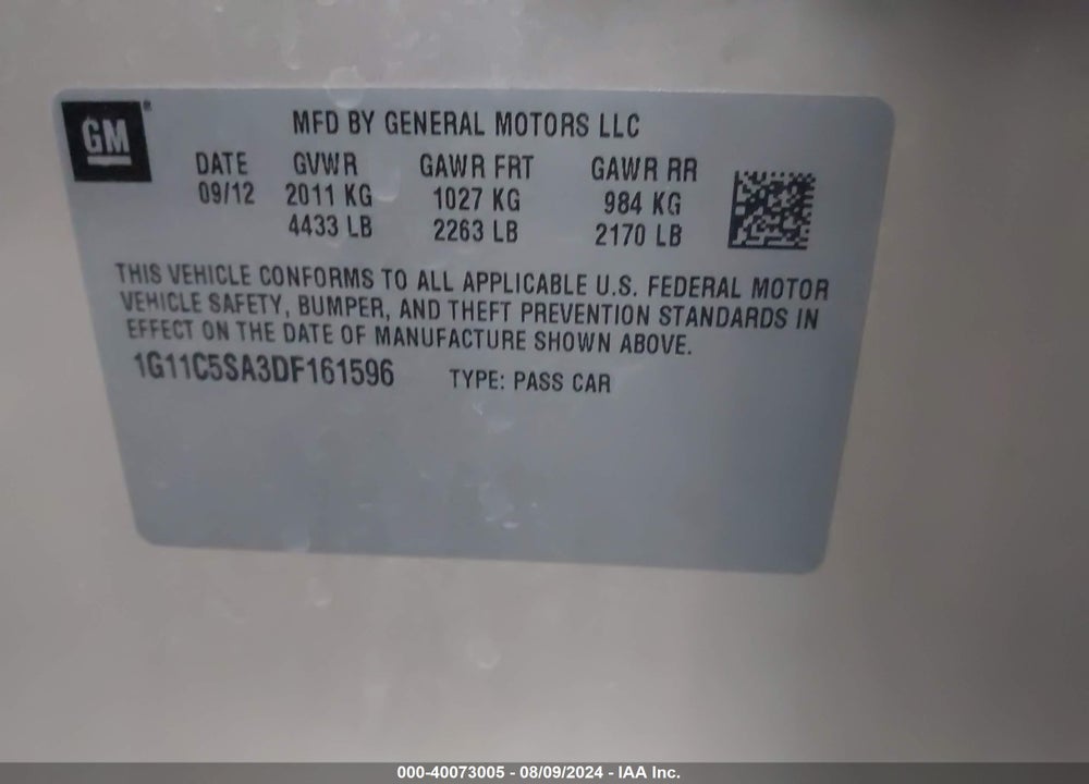2013 CHEVROLET MALIBU VIN: 1G11C5SA3DF161596