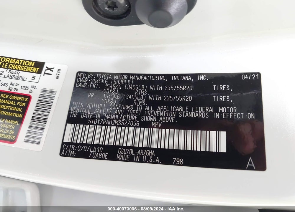 2021 TOYOTA HIGHLANDER LIMITED VIN: 5TDYZRAH2MS527056