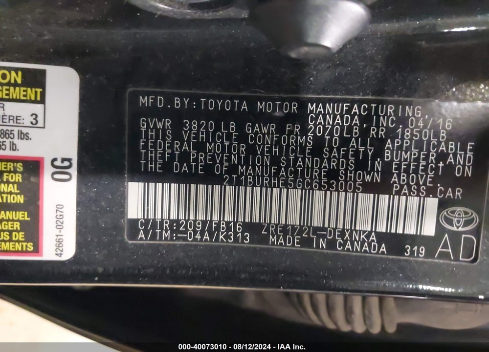 2016 TOYOTA COROLLA LE VIN: 2T1BURHE5GC653005