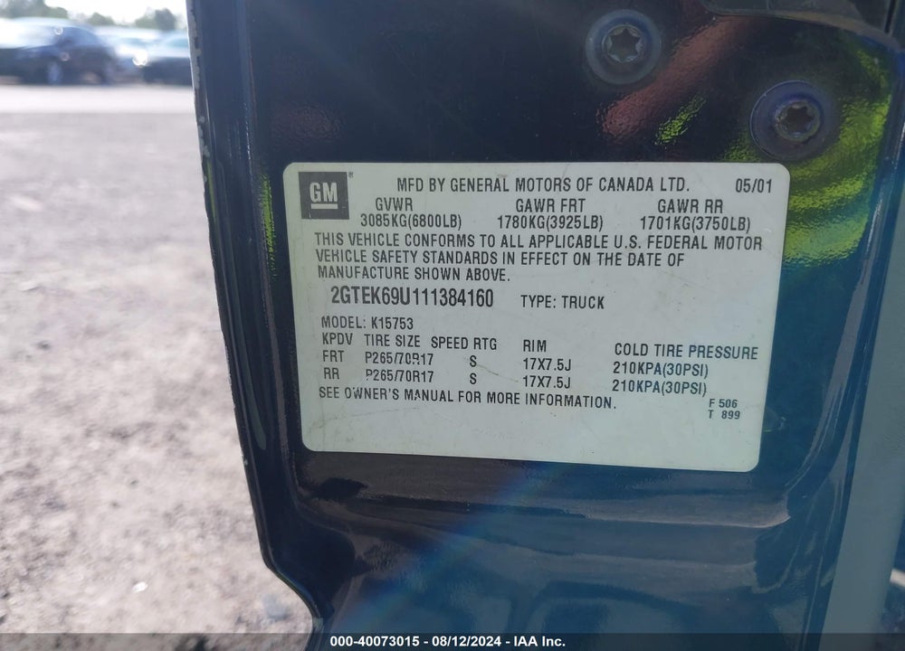 2001 GMC SIERRA 1500 C3 VIN: 2GTEK69U111384160
