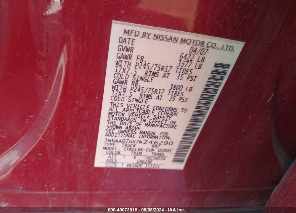 2007 NISSAN TITAN XE VIN: 1N6AA07AX7N246290
