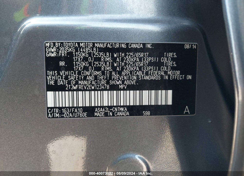 2014 TOYOTA RAV4 VIN: 2T3WFREV2EW123478