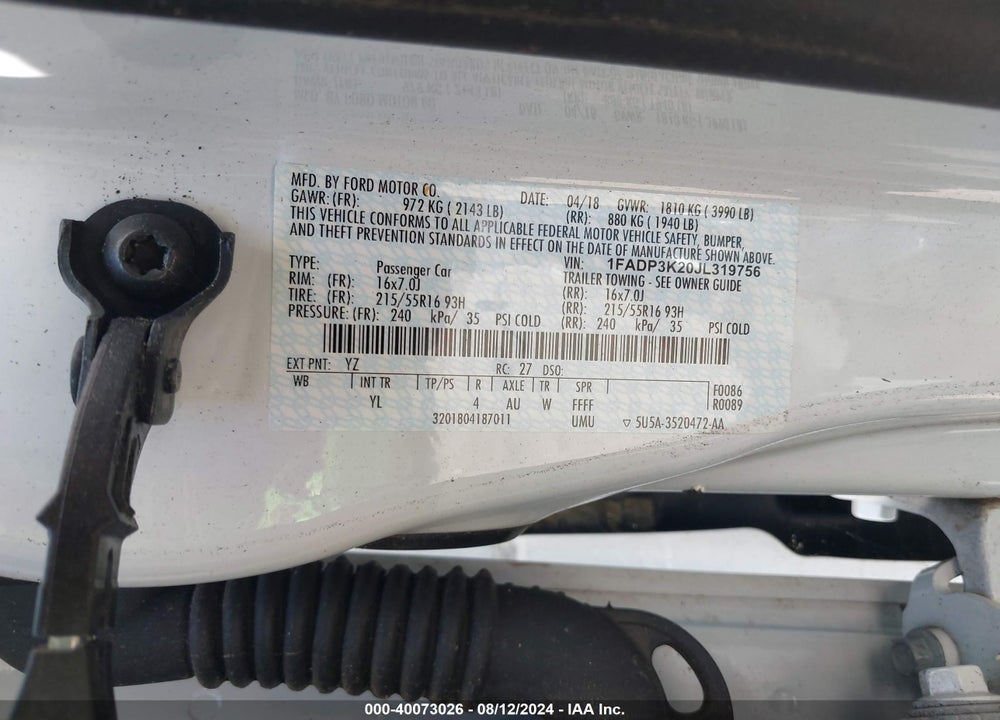 2018 FORD FOCUS SE VIN: 1FADP3K20JL319756