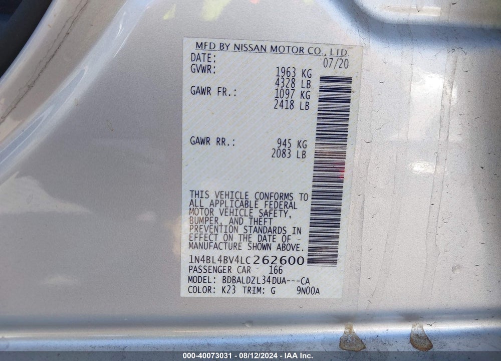 2020 NISSAN ALTIMA S FWD VIN: 1N4BL4BV4LC262600