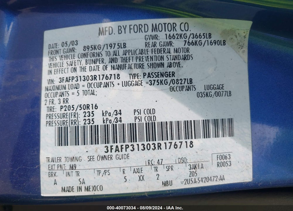 2003 FORD FOCUS ZX3 VIN: 3FAFP31303R176718
