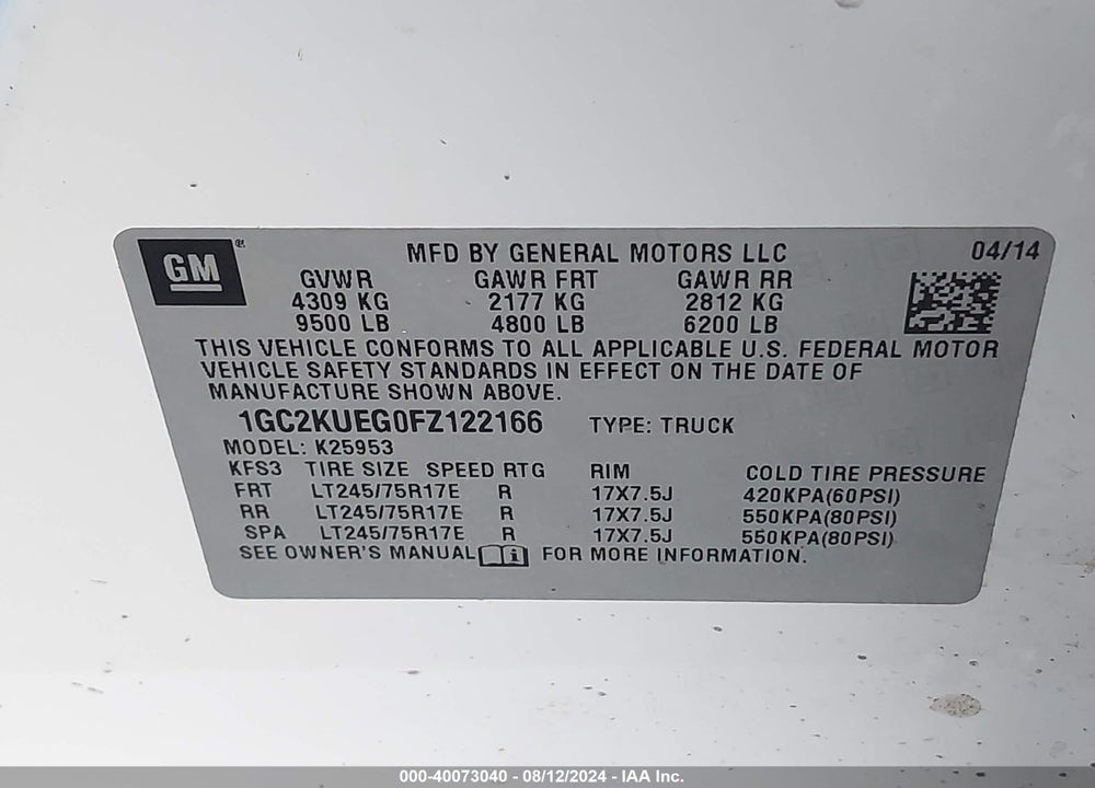 2015 CHEVROLET SILVERADO 2500 VIN: 1GC2KUEG0FZ122166