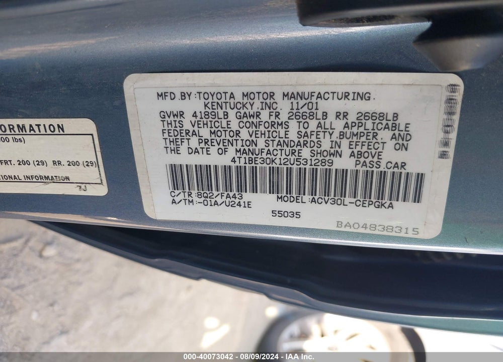 2002 TOYOTA CAMRY XLE VIN: 4T1BE30K12U531289