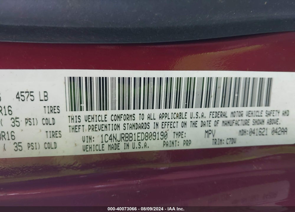 2014 JEEP PATRIOT SPORT VIN: 1C4NJRBB1ED809190