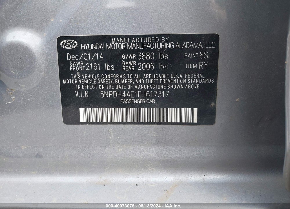 2015 HYUNDAI ELANTRA SE VIN: 5NPDH4AE1FH617317