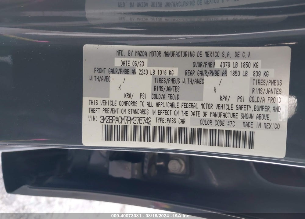 2023 MAZDA 3 2.5 S CARBON EDITION VIN: 3MZBPACM7PM376742