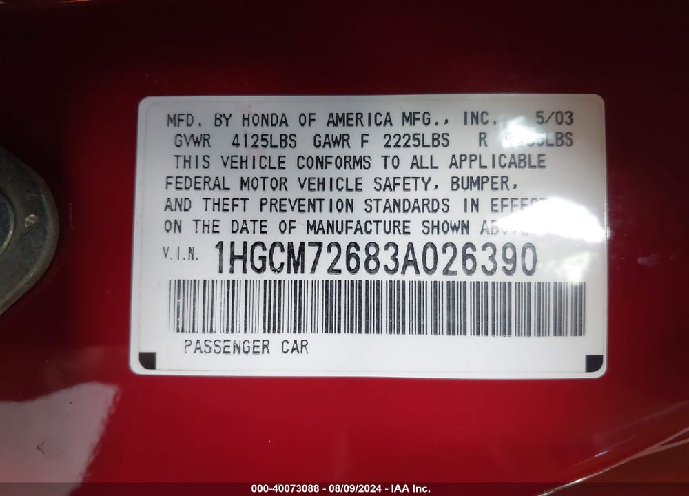 2003 HONDA ACCORD 2.4 EX VIN: 1HGCM72683A026390