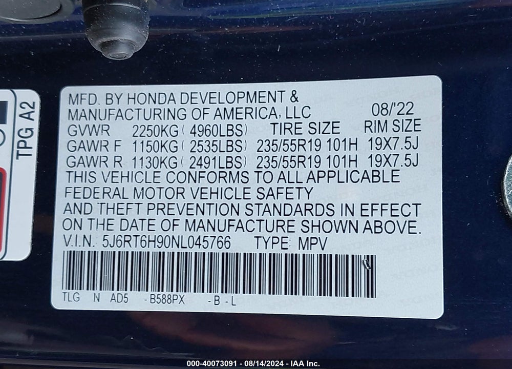 2022 HONDA CR-V HYBRID TOURING VIN: 5J6RT6H90NL045766