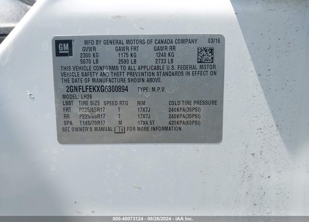 2016 CHEVROLET EQUINOX LT VIN: 2GNFLFEKXG6300894