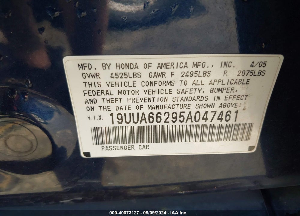 2005 ACURA TL VIN: 19UUA66295A047461