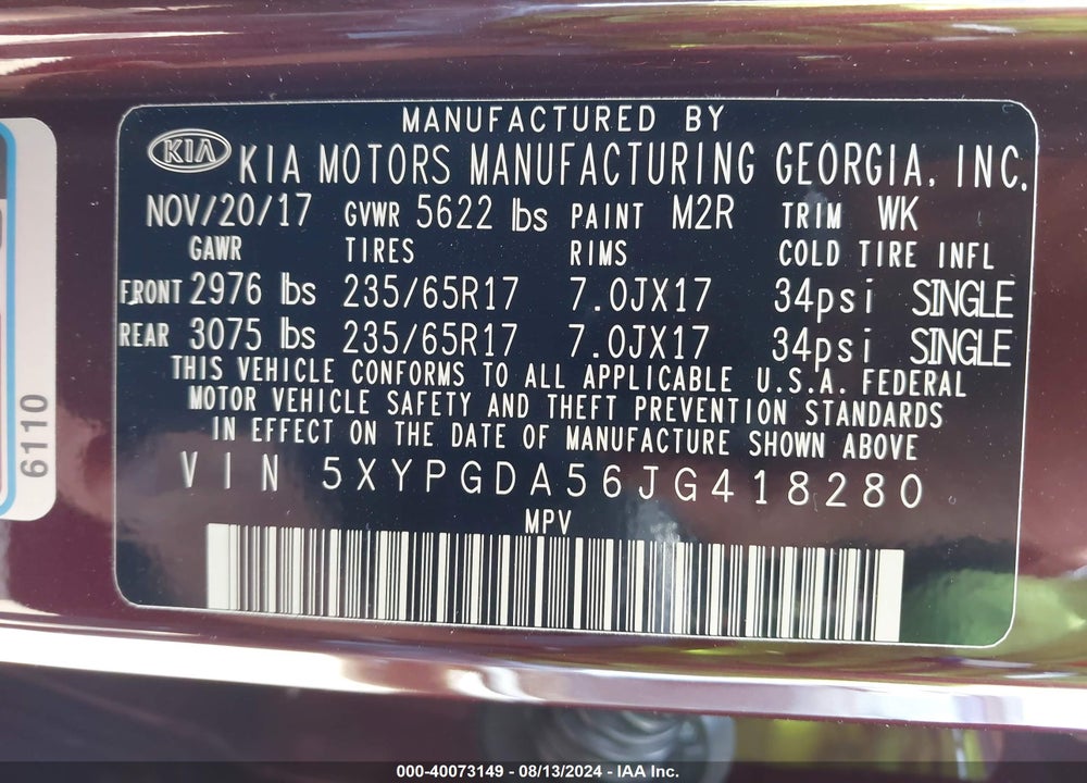 2018 KIA SORENTO 3.3L LX VIN: 5XYPGDA56JG418280