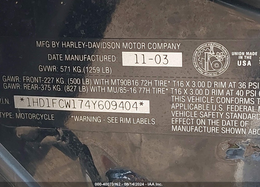 2004 HARLEY-DAVIDSON FLHTCUI VIN: 1HD1FCW174Y609404