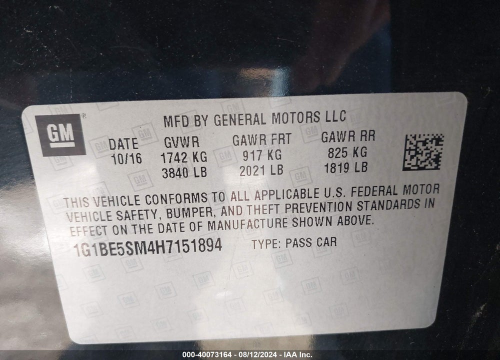 2017 CHEVROLET CRUZE LT AUTO VIN: 1G1BE5SM4H7151894