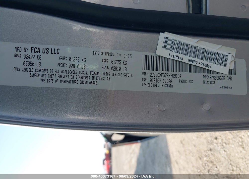 2015 DODGE CHARGER SE VIN: 2C3CDXFG7FH769134