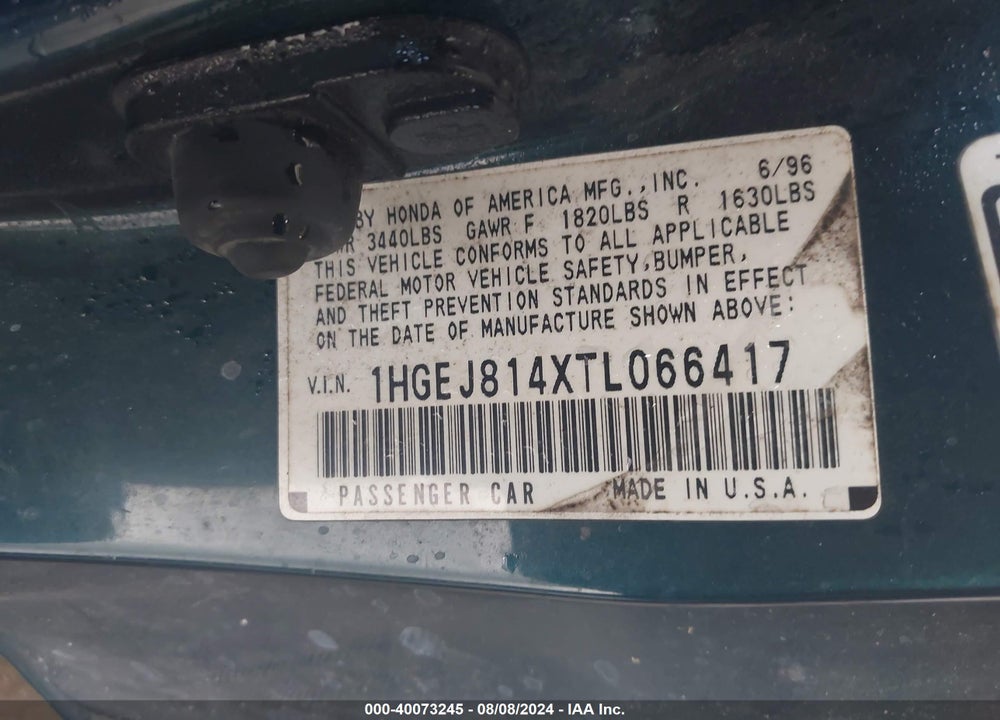 1996 HONDA CIVIC EX VIN: 1HGEJ814XTL066417