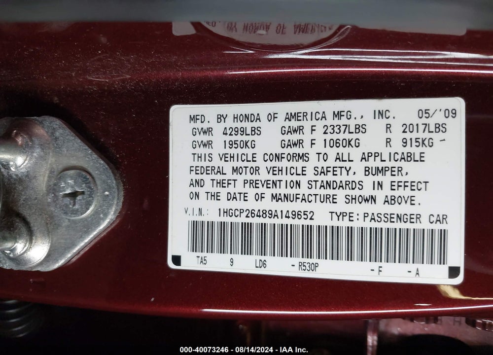 2009 HONDA ACCORD 2.4 LX-P VIN: 1HGCP26489A149652