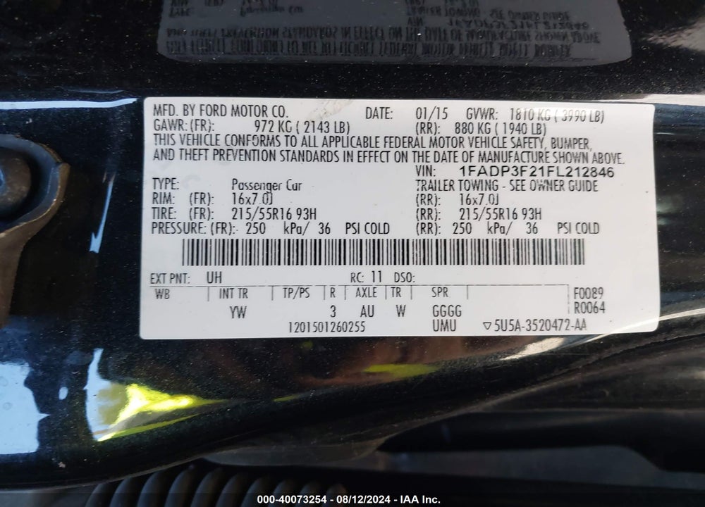 2015 FORD FOCUS SE VIN: 1FADP3F21FL212846