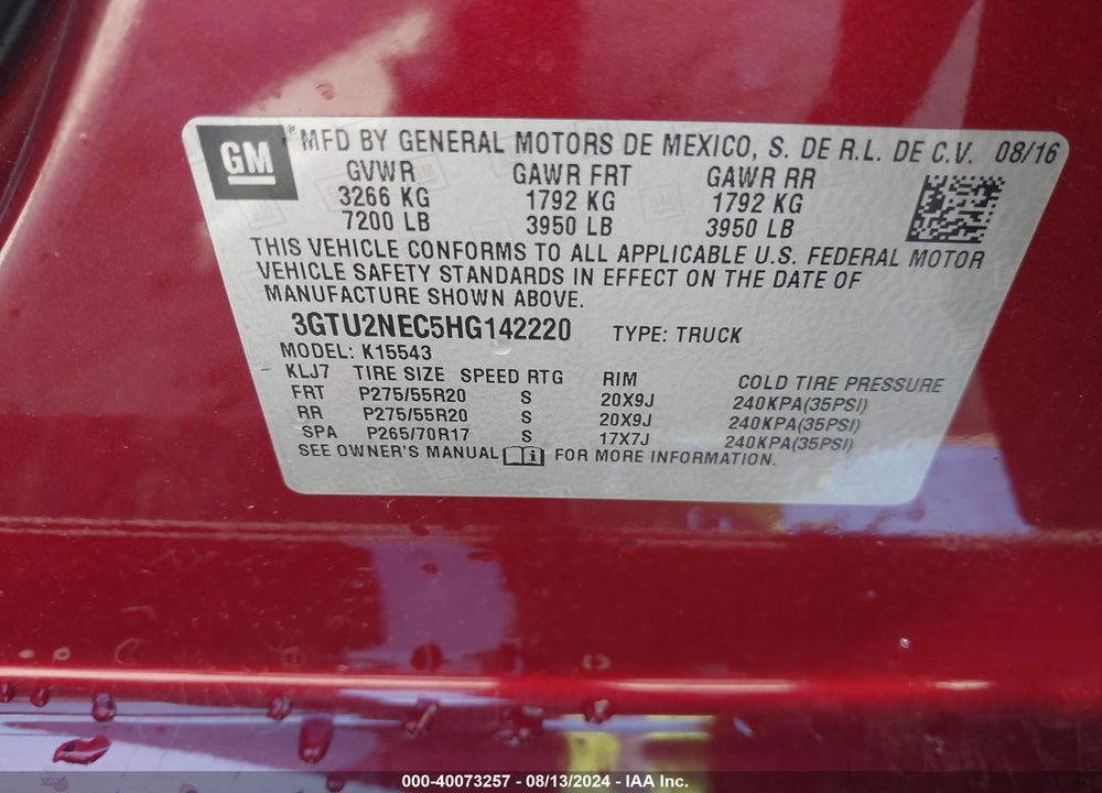 2017 GMC SIERRA 1500 SLT VIN: 3GTU2NEC5HG142220
